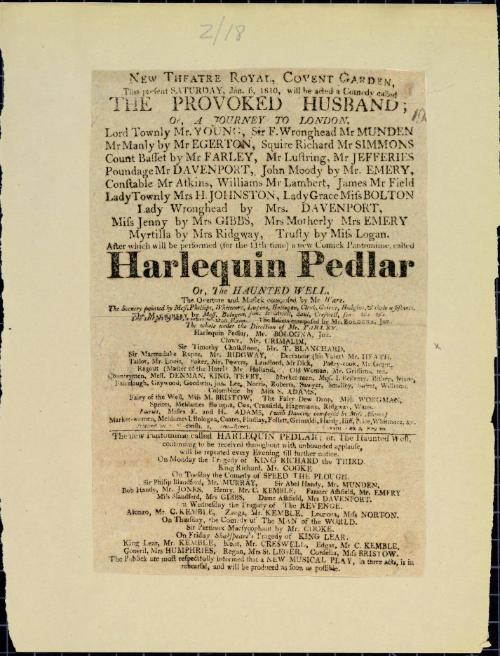 Handbill for Theatre Royal, Covent Garden. January 6, 1810