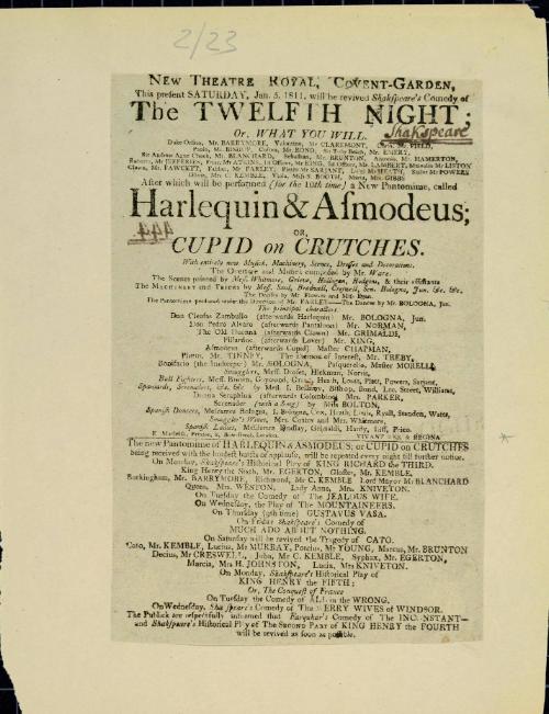 Handbill for Theatre Royal, Covent Garden. January 5, 1811