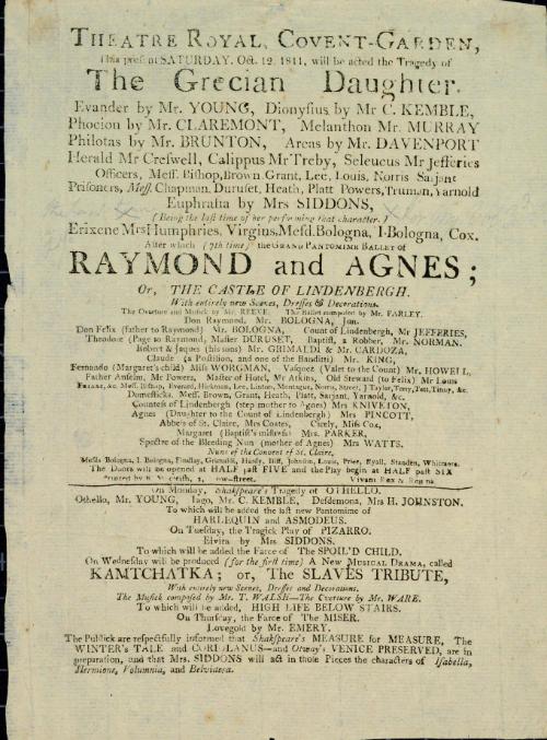 Handbill for Theatre Royal, Covent Garden. October 12, 1811