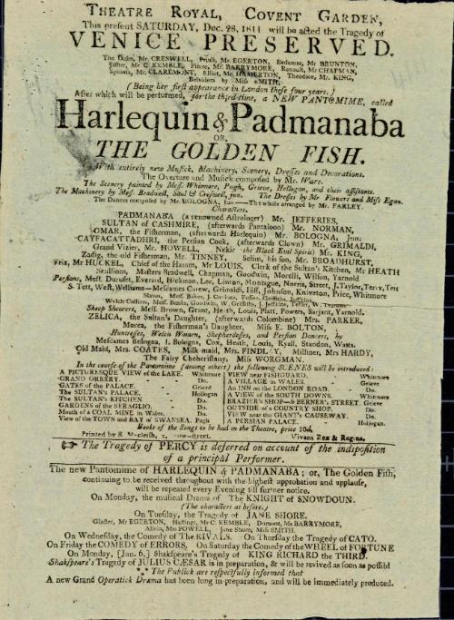 Handbill for Theatre Royal, Covent Garden. December 26, 1811