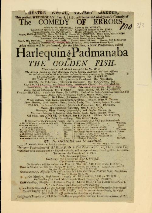 Handbill for Theatre Royal, Covent Garden. January 8, 1812