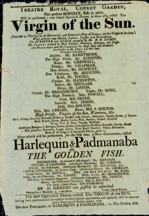 Handbill for Theatre Royal, Covent Garden. February 3, 1812