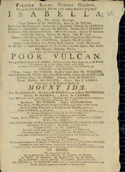 Handbill for Theatre Royal, Covent Garden. February 20, 1813