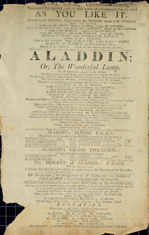 Handbill for Theatre Royal, Covent Garden. April 22, 1813