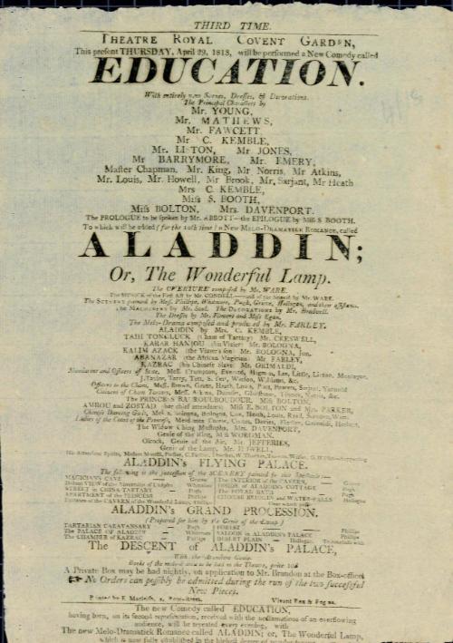 Handbill for Theatre Royal, Covent Garden. April 29, 1813