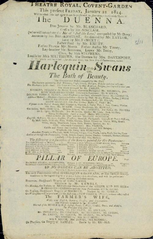 Handbill for Theatre Royal, Covent Garden. January 21, 1814