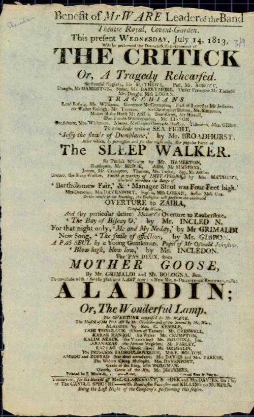 Handbill for Theatre Royal, Covent Garden. July 14, 1813