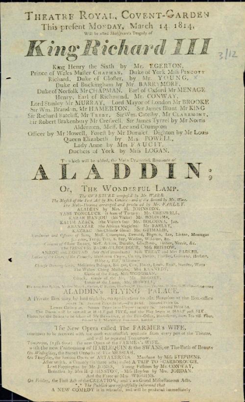 Handbill for Theatre Royal, Covent Garden. March 14, 1814