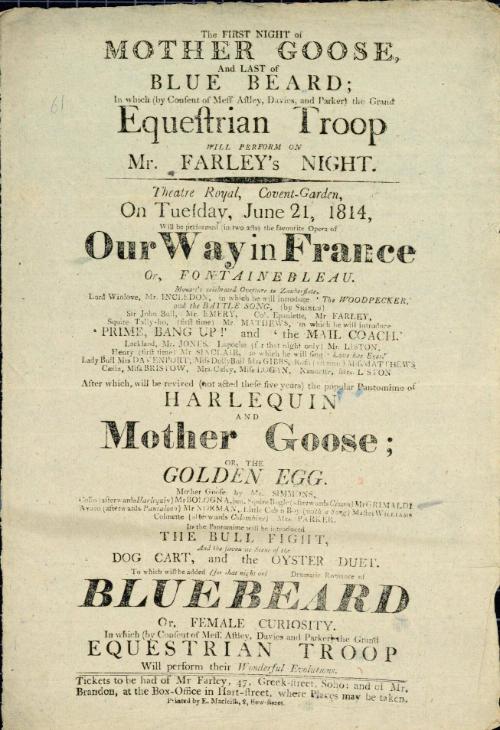 Handbill for Theatre Royal, Covent Garden. June 21, 1814
