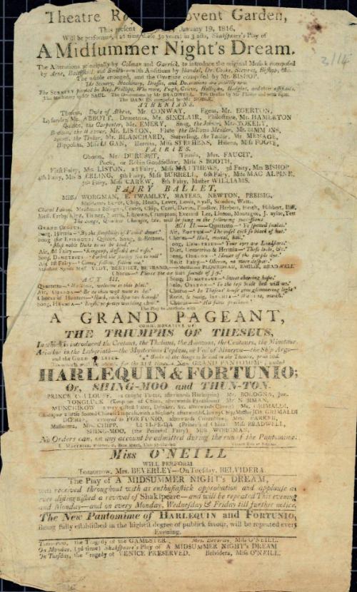 Handbill for Theatre Royal, Covent Garden. January 19, 1816
