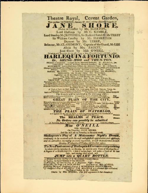 Handbill for Theatre Royal, Covent Garden. January 27, 1816