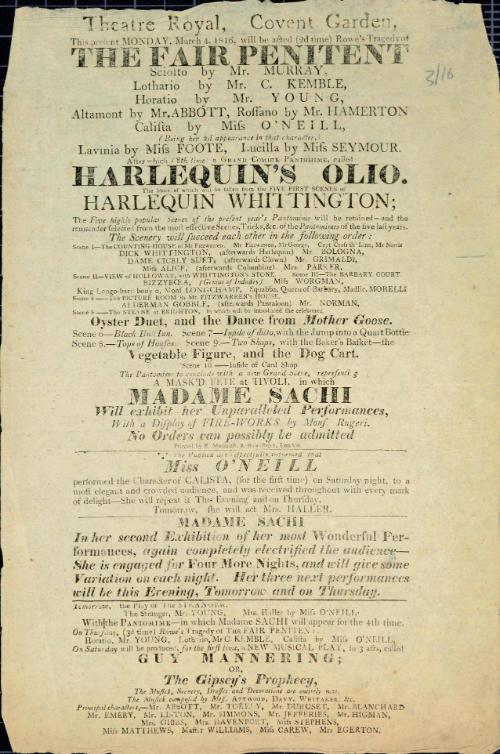 Handbill for Theatre Royal, Covent Garden. March 4, 1816