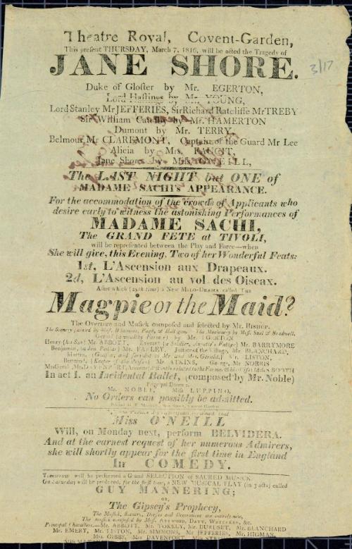Handbill for Theatre Royal, Covent Garden. March 7, 1816