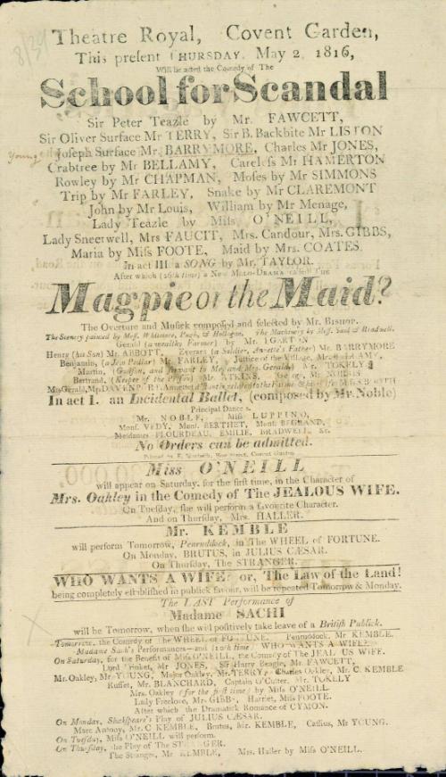 Handbill for Theatre Royal, Covent Garden. May 2, 1816