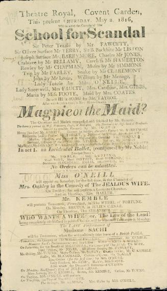Handbill for Theatre Royal, Covent Garden. May 2, 1816