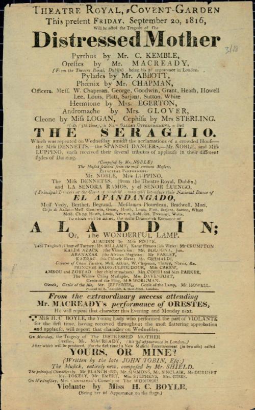 Handbill for Theatre Royal, Covent Garden. September 20, 1816