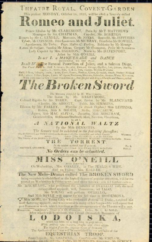 Handbill for Theatre Royal, Covent Garden.October 14, 1816