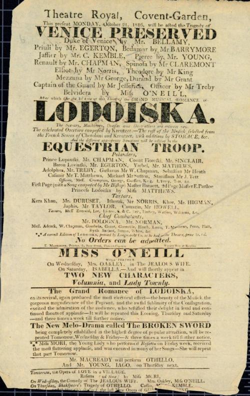 Handbill for Theatre Royal, Covent Garden. October 21, 1816