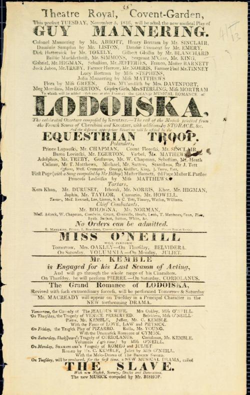 Handbill for Theatre Royal, Covent Garden. November 5, 1816