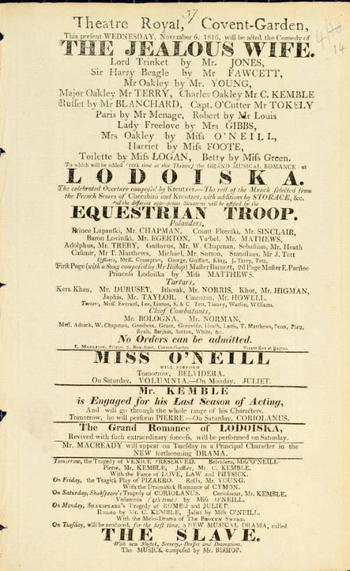Handbill for Theatre Royal, Covent Garden. November 6, 1816