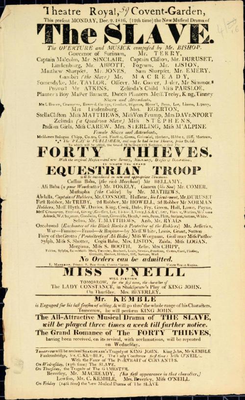 Handbill for Theatre Royal, Covent Garden. December 2, 1816