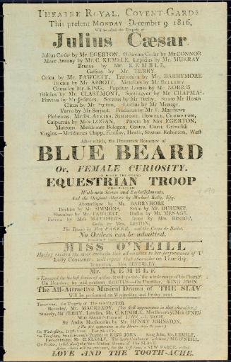 Handbill for Theatre Royal, Covent Garden. December 9, 1816