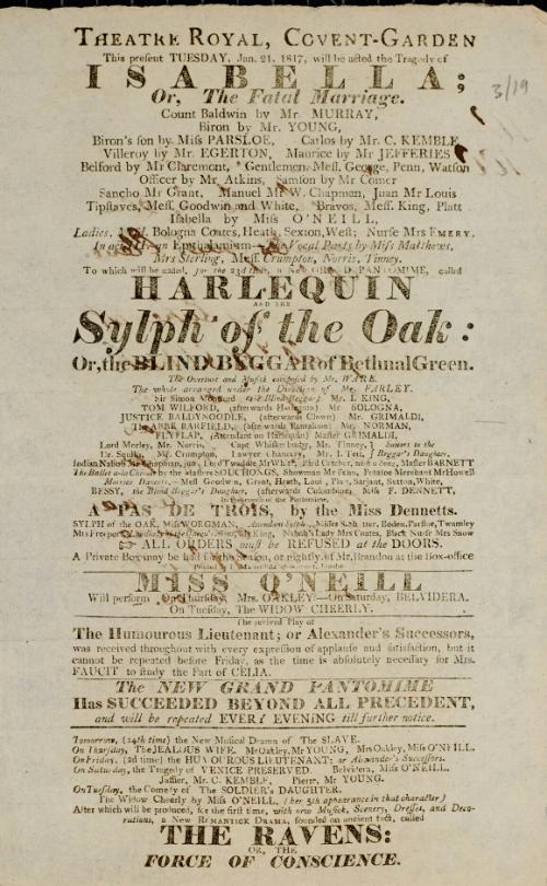 Handbill for Theatre Royal, Covent Garden. January 21, 1817