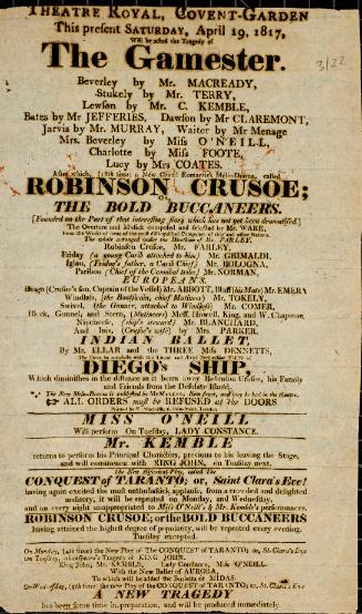 Handbill for Theatre Royal, Covent Garden. April 19, 1817