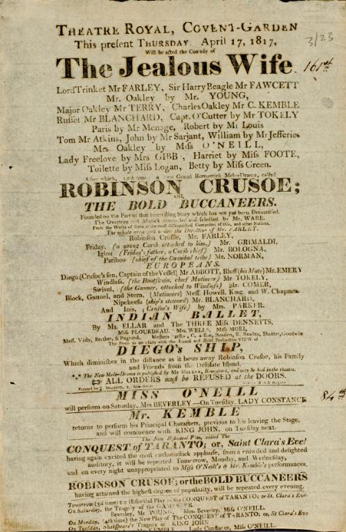 Handbill for Theatre Royal, Covent Garden. April 17, 1817