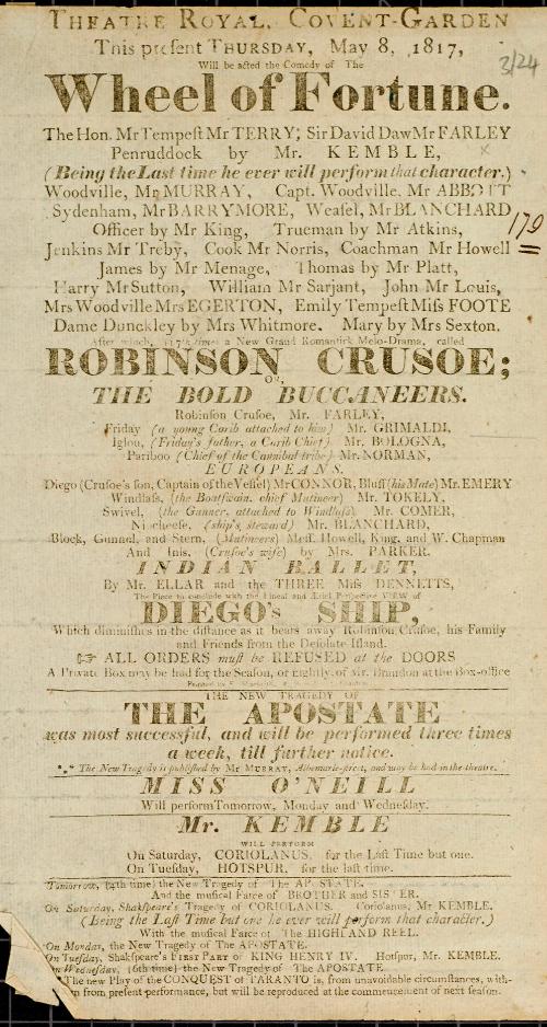 Handbill for Theatre Royal, Covent Garden. May 8, 1817