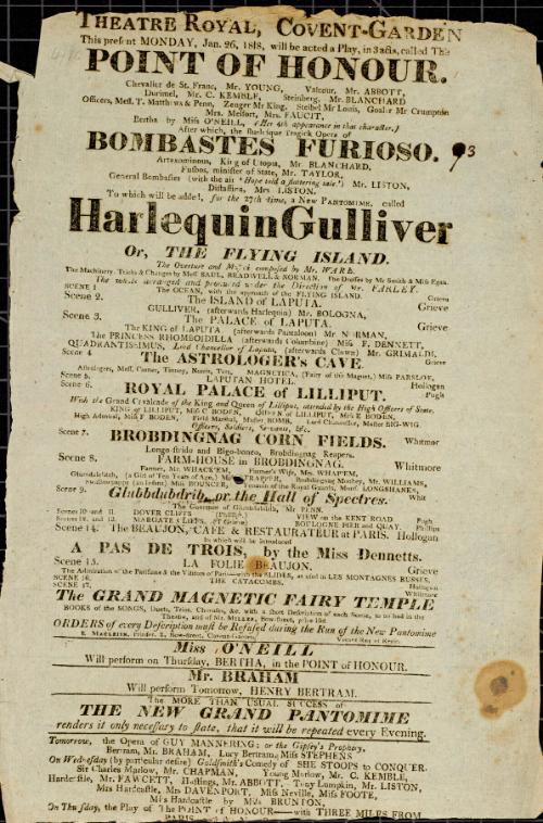 Handbill for Theatre Royal, Covent Garden. January 26, 1818