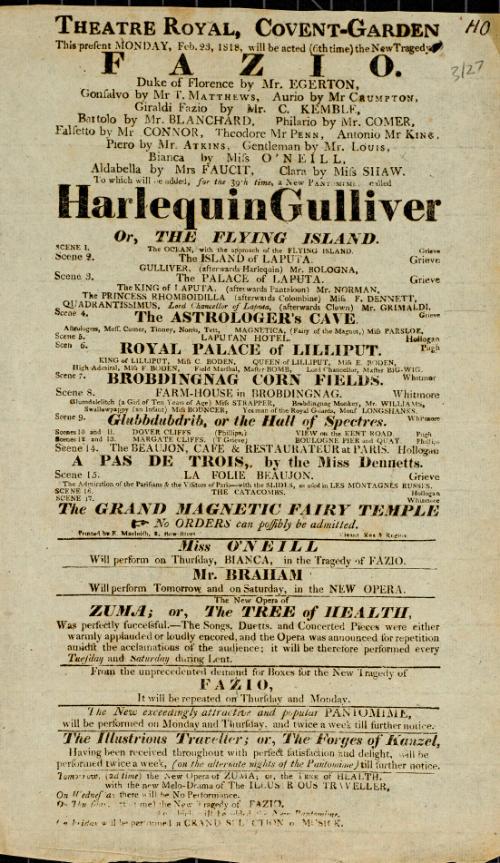 Handbill for Theatre Royal, Covent Garden. February 23, 1818