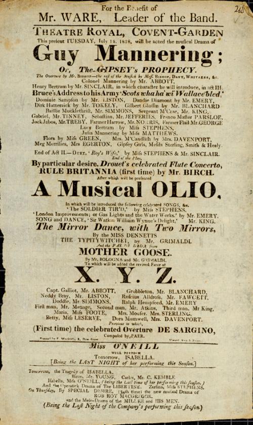 Handbill for Theatre Royal, Covent Garden. July 14, 1818