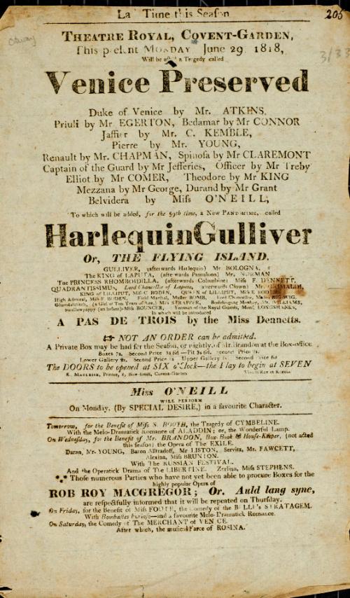 Handbill for Theatre Royal, Covent Garden. June 29, 1818