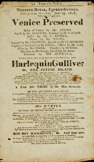 Handbill for Theatre Royal, Covent Garden. June 29, 1818