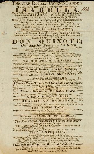 Handbill for Theatre Royal, Covent Garden. January 22, 1820
