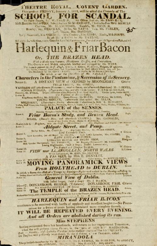Handbill for Theatre Royal, Covent Garden. January 5, 1821