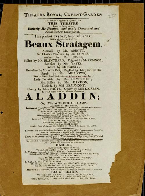 Handbill for Theatre Royal, Covent Garden. September 28, 1821