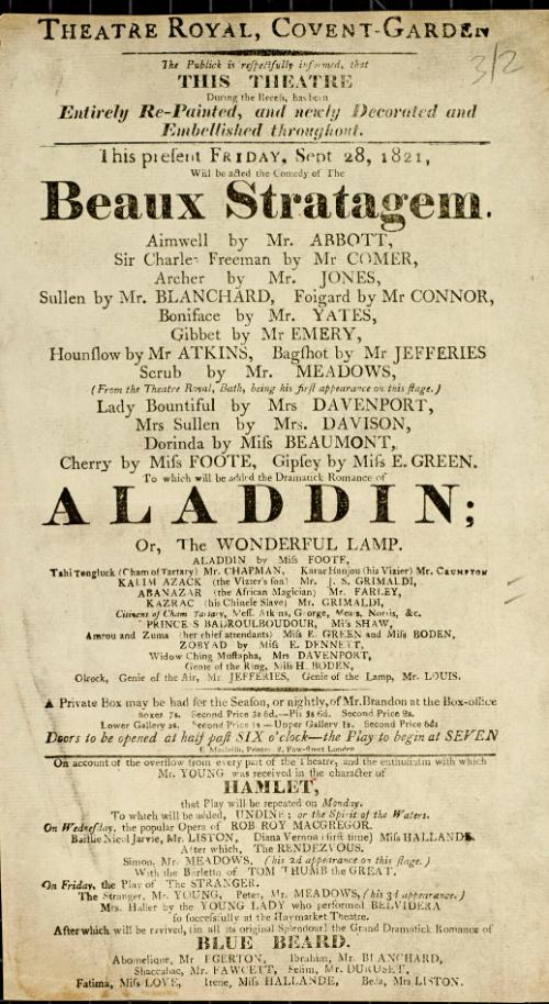 Handbill for Theatre Royal, Covent Garden. September 28, 1821