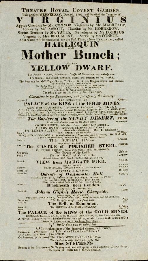 Handbill for Theatre Royal, Covent Garden December 26, 1821