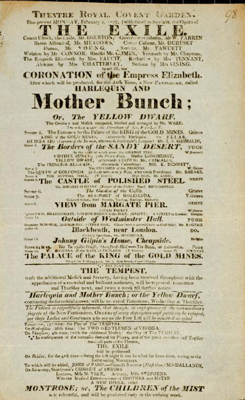 Handbill for Theatre Royal, Covent Garden. February 4, 1822