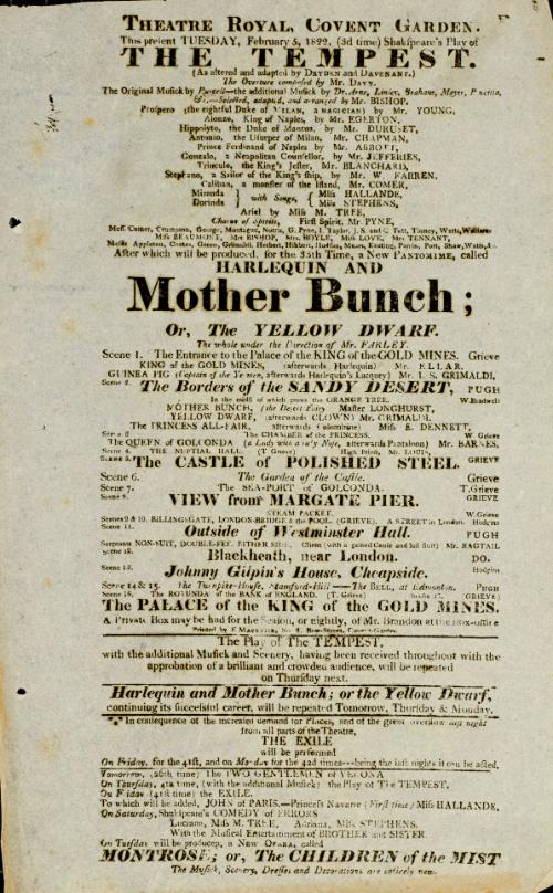 Handbill for Theatre Royal, Covent Garden. February 5, 1822