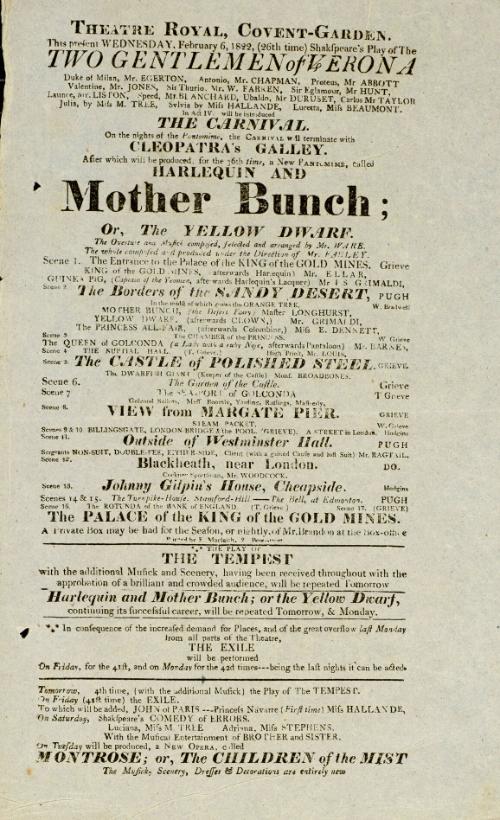 Handbill for Theatre Royal, Covent Garden. February 6, 1822