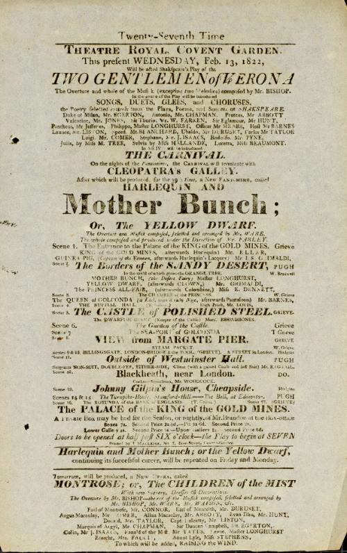 Handbill for Theatre Royal, Covent Garden. February 13, 1822