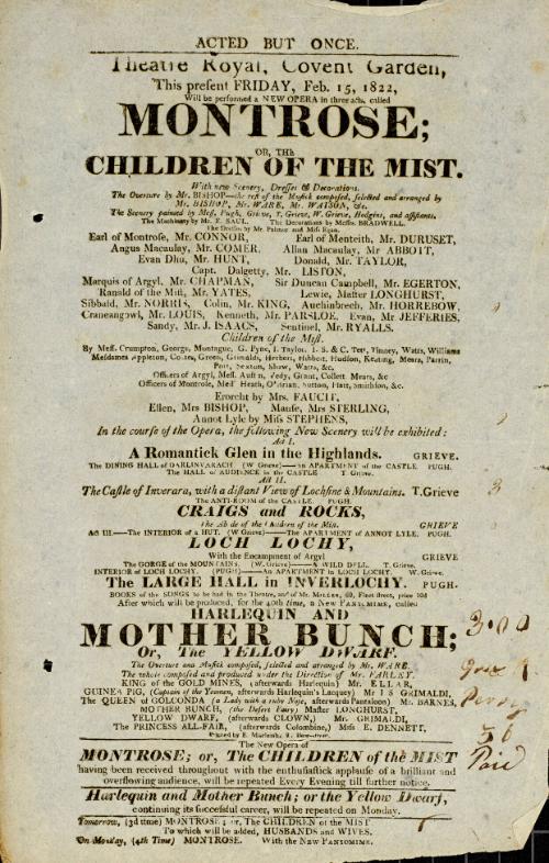 Handbill for Theatre Royal, Covent Garden. February 15, 1822
