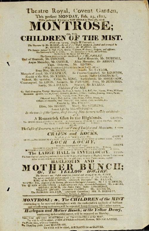 Handbill for Theatre Royal, Covent Garden. February 25, 1822