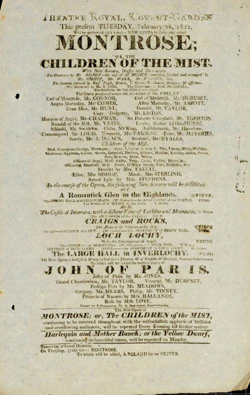 Handbill for Theatre Royal, Covent Garden. February 26, 1822