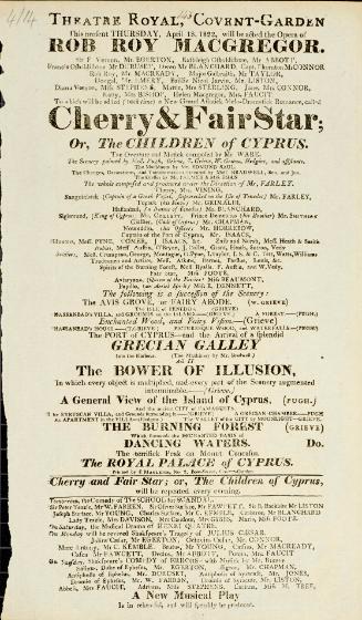 Handbill for Theatre Royal, Covent Garden. APril 18, 1822