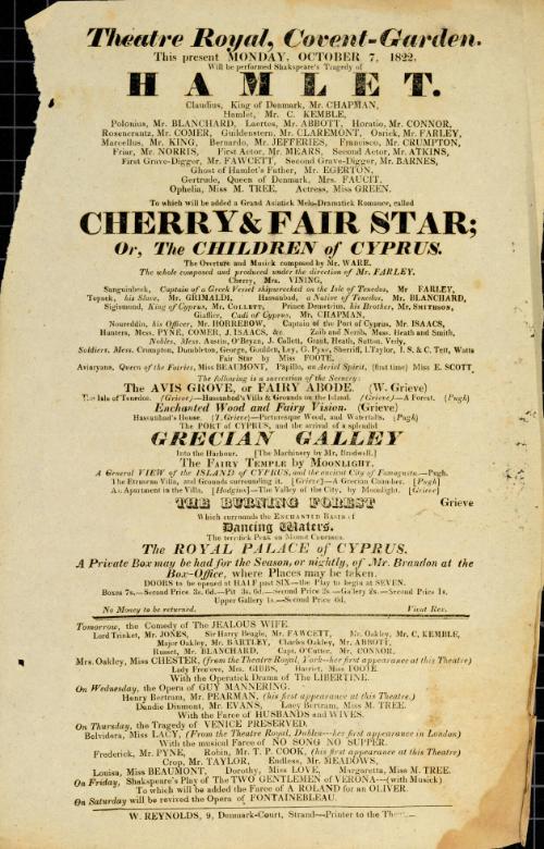 Handbill for Theatre Royal, Covent Garden. October 7, 1822