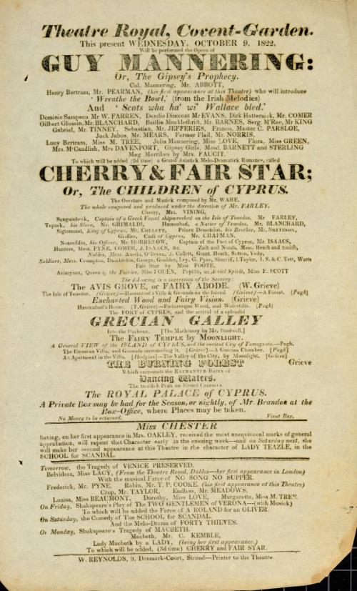 Handbill for Theatre Royal, Covent Garden. October 9, 1822